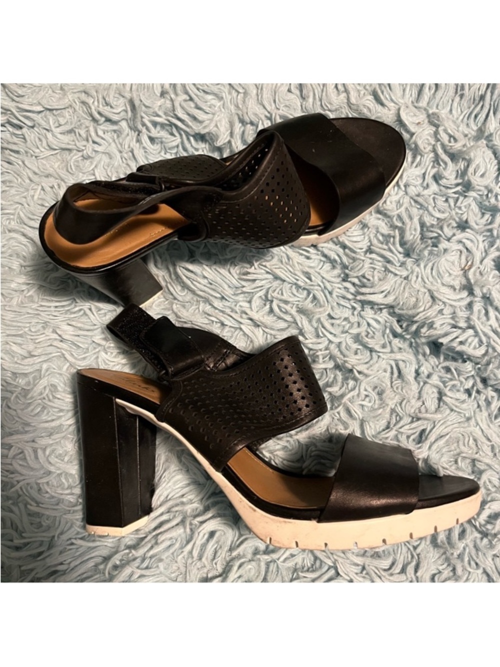 Clarks Women's Black Perforated Chunky Heel Sandals